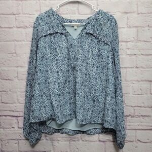 Wonderly Blue Paisley Peasant Blouse Sz XL Tie Front Flowy Hippie Whimsical Boho